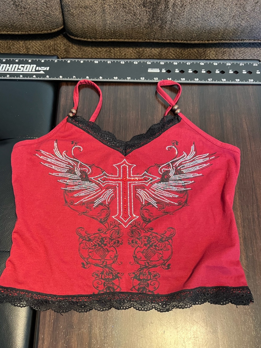 Y2K Red Rhinestone Cross Wing Lace Trim Tank #rockandroll